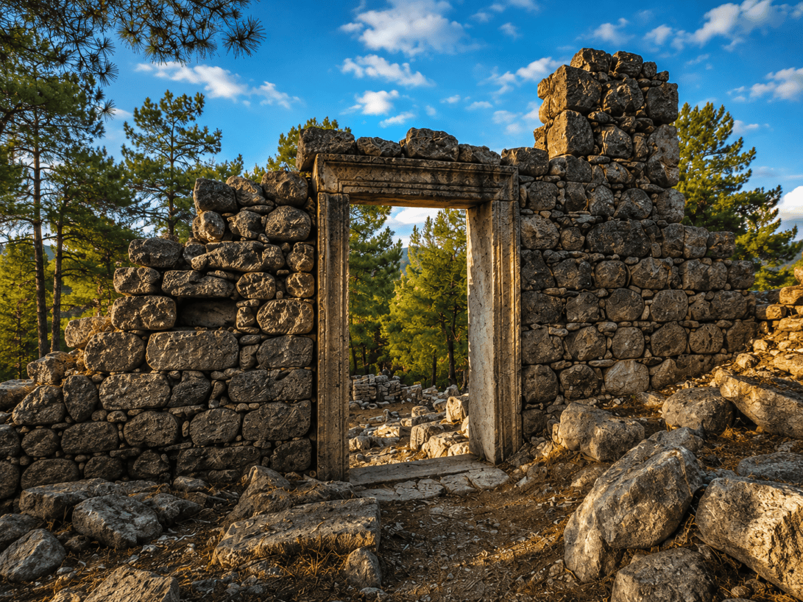 Historic stone gateway at the Mergenli Nemrut archaeological site in Ortaca. Руины Мергенли Немрут Ортача